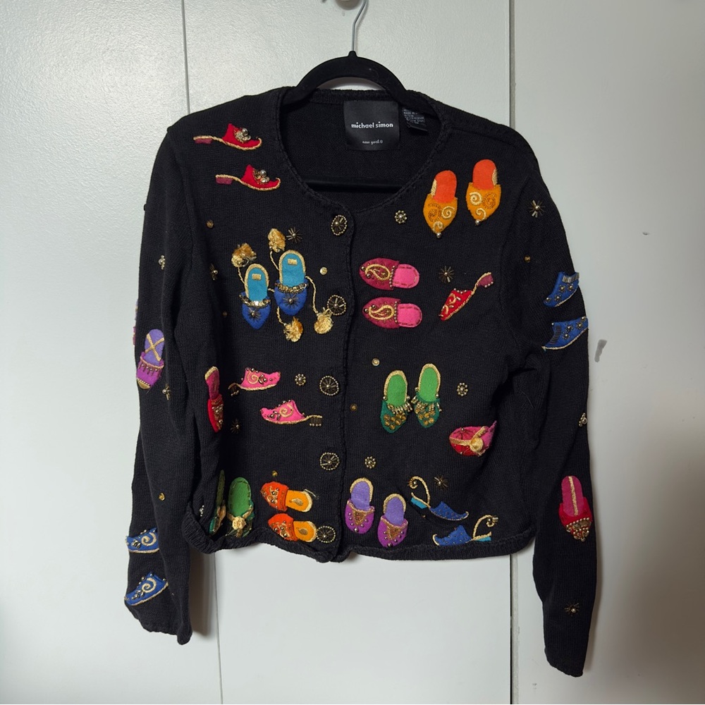 Michael Simon Black Novelty Cardigan w/Embroidered Shoes